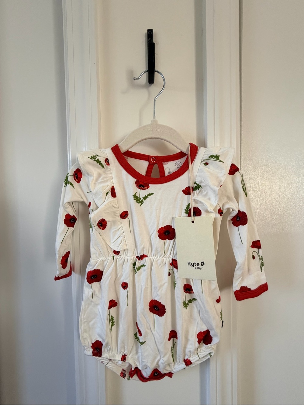 Kyte BABY White Romper with Red Poppy Print and Ruffle Shoulders